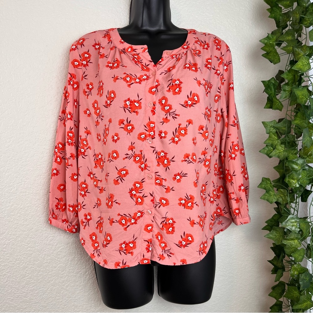 Red and Pink Floral Petite Ann Taylor Button Down Shirt